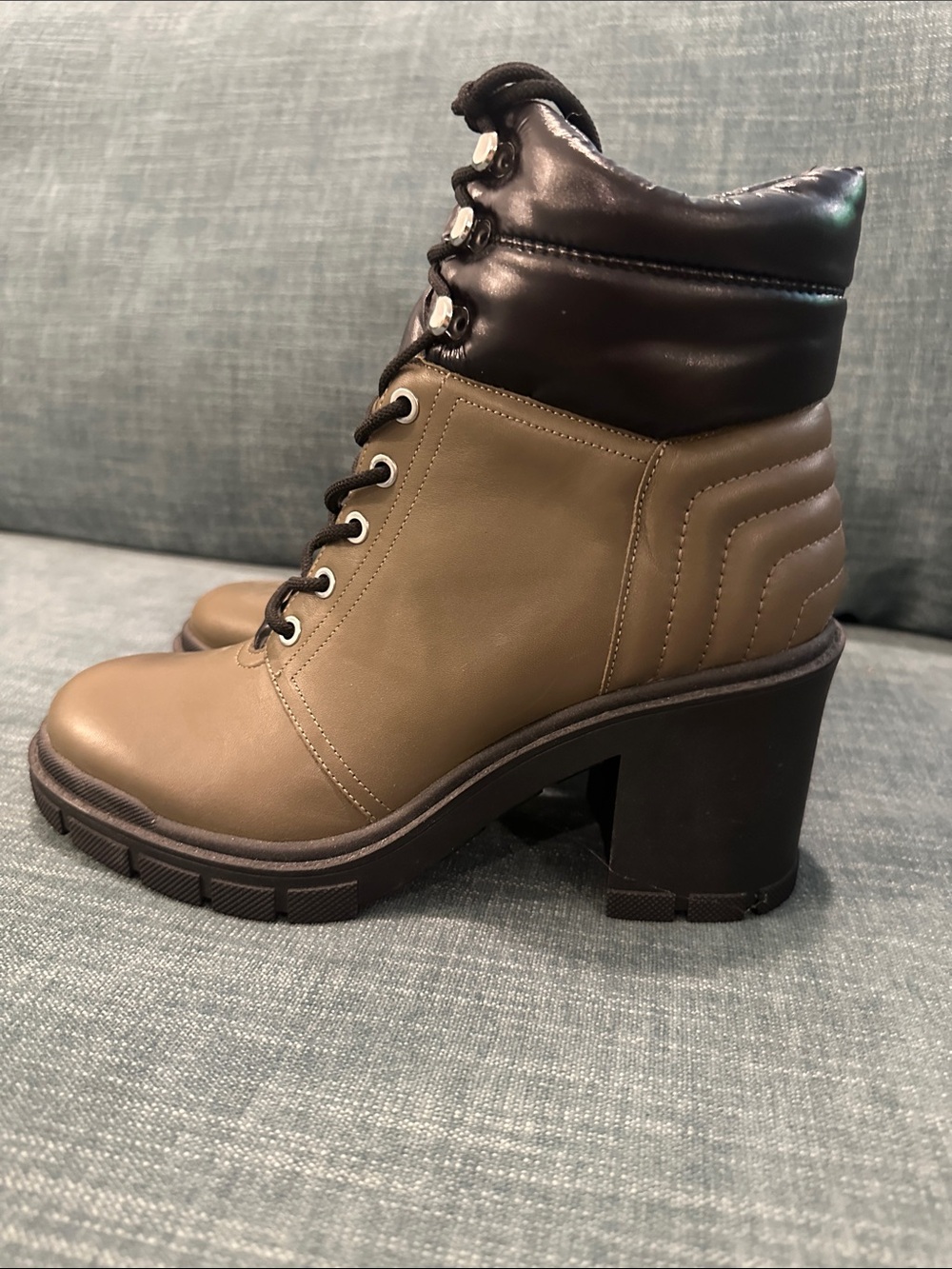 Marc Jacobs Two-Tone Chunky Heel Lace-Up Boot - Olive & Dark Brown